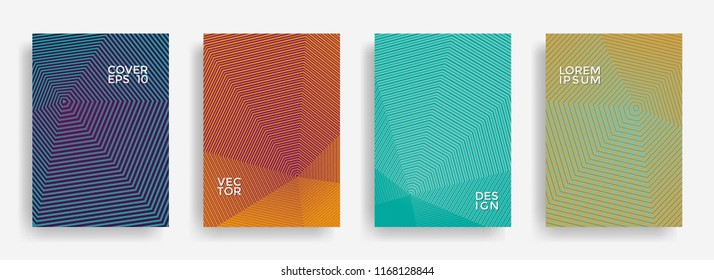 Gradient annual report design vector collection. Halftone lines texture cover page layout templates set. Report covers geometric design, business booklet pages corporate backgrounds.
