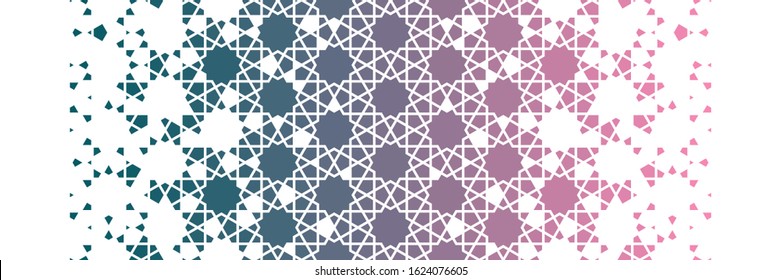 Gradient arabic border, islamic pattern. Geometric halftone texture with gradient color tile disintegration