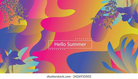 Gradient art background vector. Wallpaper design with floral paint brush line art. leaves and flowers nature design for cover, wall art, invitation, fabric, poster, canvas print or web.
