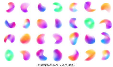 Gradient aura, grain neon blob with noise effect vector illustration. Abstract color watercolor blur mesh shape on white background. Space bright colorful shapeless frame PNG on white background.