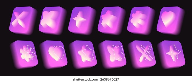 Gradient aura y2k icons collection - glowing neon symbols with star, heart and flower shapes on purple rounded squares. Vibrant digital blur buttons for retro futuristic app interface design.