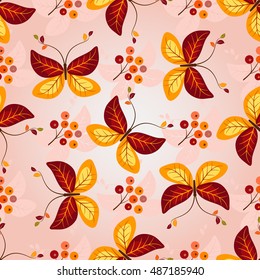 Gradient autumn seamless pattern with vivid colorful butterflies and berries, vector