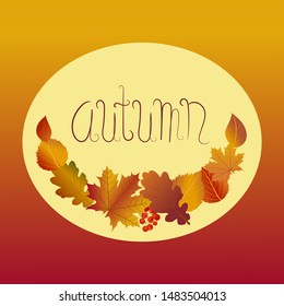 gradient autumn vector with calligraphic lettering and fall leaves, beautiful warm colors and diferent leaves