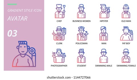 gradient avatars icon pack . Icons for avatars, chef,business women, hipster, old man, clerk, policeman, man, fat boy, photographer, student, swimming male, swimming female.