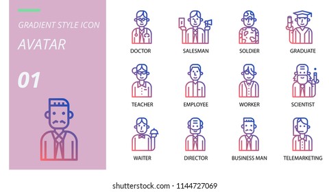 gradient avatars icon pack . Icons for avatars,doctor, saleman, solder, graduate, teacher, employee, worker, scientist, waiter, director, business man ,telemrketing.