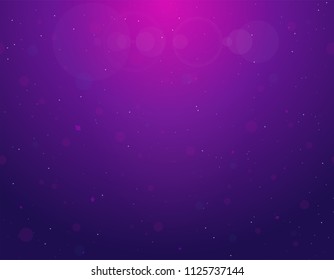 Gradient background of blue and pink color. Purple light from above. Glowing circles in water. White stars or dust floating. Bubbles and blurred circles poster.