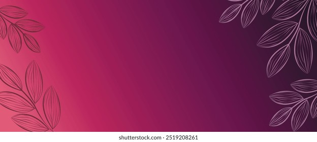 Gradient background with branches of leaves. Minimalism background with leaves in line style. Vertical gradient banner with copy space