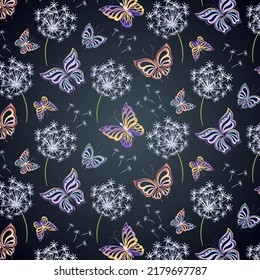 Fondo degradado con mariposas y dientes de león.Mariposas abstractas y dientes de león sobre un fondo degradado de color en un patrón vectorial sin fisuras.