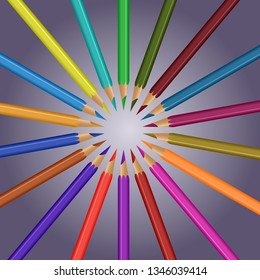Gradient background with colored pencils. Rounded frame - Vector