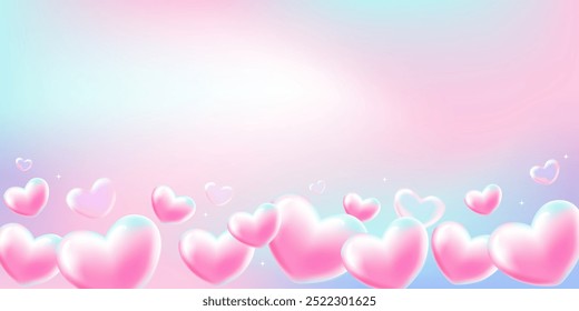 Gradient background with dreamy gentle airy 3d hearts. Valentine's Day. Banner design with copy space. Vector illustration.