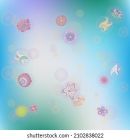 A gradient background with flowers in doodle style flowers in pastel colors (lily, aster, daisy, gladiolus, viola) floating in bubbles