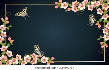 Gradient background with frame and flowers.Cherry blossom branches and butterflies in vector illustration with a frame on a gradient background.