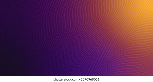 Gradient background with grainy photographic effect. Abstract violet purple and green wavy line pattern on dark blue background with copy space. Modern tech futuristic neon color banner concept. Vecto