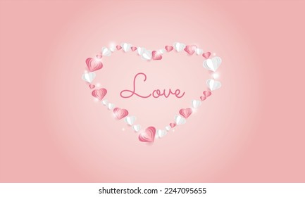 Gradient background with heart formed by several hearts. Paper art Vector illustration. Hearts on paper 3D effect. Concept of love, passion, romanticism.