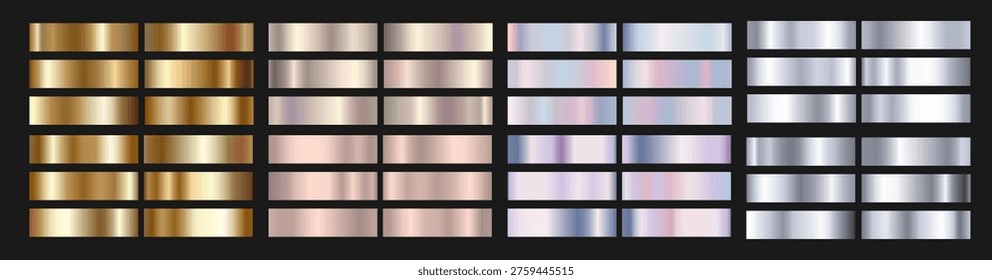 Gradient background images from gold foil to silver, bronze, and pearl. A vector collection of sparkling textures for elegant frames, borders, or ribbons