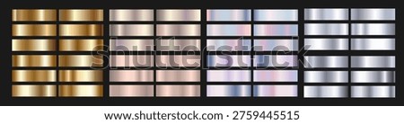 Gradient background images from gold foil to silver, bronze, and pearl. A vector collection of sparkling textures for elegant frames, borders, or ribbons