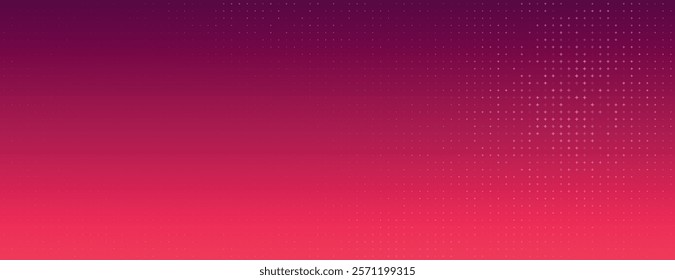 Gradient background with a modern style, featuring a smooth transition from deep purple to vibrant red, dotted texture on the background. Minimal halftone dotted texture vector background.