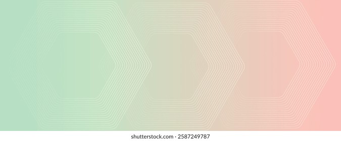 Gradient background with pastel green and pink colors, geometric line patterns. The background is soft and smooth, with green and pink hues. Minimal abstract hexagon pattern vector gradient background