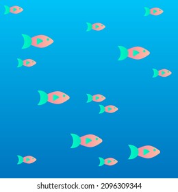 Gradient Background Pink Fish in the Blue Sea. Underwater world. A lot of small fish. Vector gradient background.