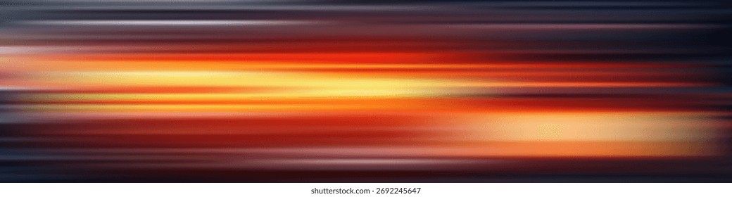 Fondo degradado rojo naranja negro. Desenfoque Horizontal abstracto oscuro con centro de luz cálida brillante y efecto de movimiento lineal suave. Líneas de velocidad futuristas Ilustración vectorial dinámica de energía visual.