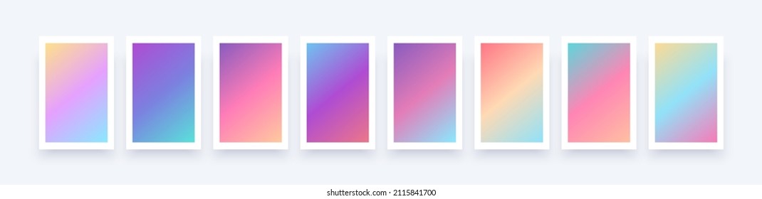 Gradient background set. Soft color. Bright colorful colors. Simple modern screen design. Sunset and sunrise sky colors. Blue, purple, orange, pink, yellow. Vibrant style template. Vector illustration