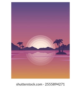 Gradient Background with sunset, palm trees and lake. Template