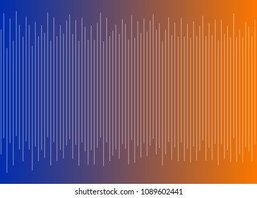 Gradient background with the transition from blue to orange. Vertical white bands in the middle in the form of graphics, cardiograms, running bands. Music soundtrack, soundwaves.