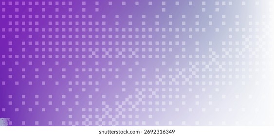 A gradient background transitioning from deep purple to white features a pattern of small, subtly lighter purple squares gradually fading, creating a dynamic and modern pixelated effect