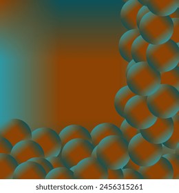 A gradient background transitions from a deep orange to a calming teal blue. The top and bottom edges are adorned with clusters of overlapping, iridescent spheres.
