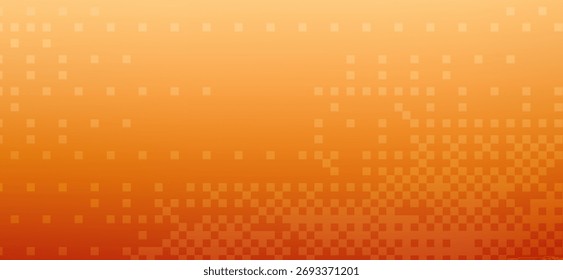 Um fundo de gradiente faz a transição de laranja profundo para damasco claro, apresentando um padrão de pixels quadrados fracos desaparecendo para criar um efeito visual único e texturizado