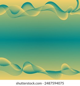 A gradient background transitions from yellow to teal green. Overlapping, wavy lines in teal and yellow create a sense of depth and movement across the top and bottom of the image.