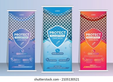 Gradient background vertical roll up banner stands, flags design vector
business templates.COVID-19 coronavirus omicron. medical rollup banner protection virous banner