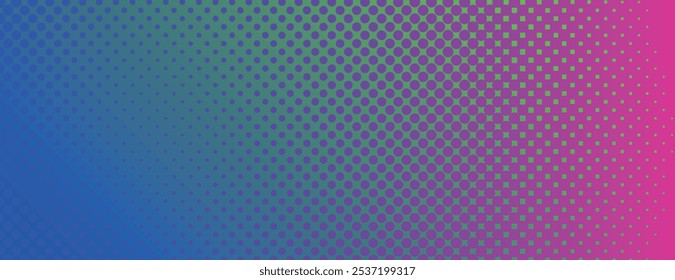 Fundo de gradiente com uma vibrante transição azul para rosa. O fundo apresenta textura pontilhada de meio-tom com tons azuis e cor-de-rosa. Plano de fundo de gradiente de vetor de meio-tom mínimo