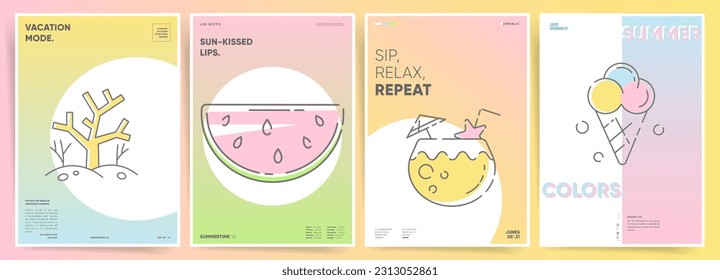 Gradient Backgrounds for Minimal Retro Y2k Poster Designs. Exotic tropical fruits, cocktails, beach ice cream and ocean elements. Summer art for brochure, poster, cover templates. 