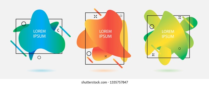 Gradient backgrounds set with fluid shapes,  memphis outline symbols and frames, vector illustration. Banners template for web and print