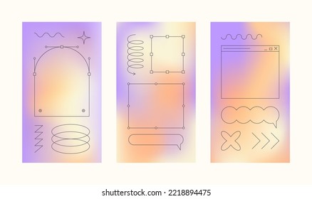 Gradient Backgrounds for Social Media Stories. Y2K Design Template with Frames, Line Geometric Shapes, Speech Bubbles. Vector Abstract Colorful Phone Wallpaper in Orange, Yellow and Purple Colors