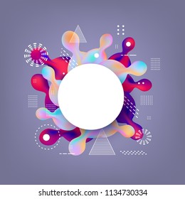 Gradient banner with bright colorful rounded shapes and textures isolated on gray background - abstract elements with fluid color and forms in futuristic vector illustration with copy space.