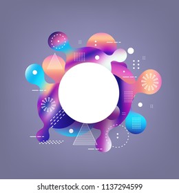 Gradient banner with bright colorful rounded shapes and textures isolated on gray background. Abstract elements with fluid color and forms in futuristic vector illustration.