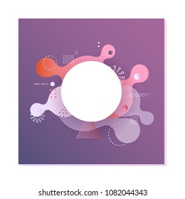 Gradient banner with fluid color abstract geometric and bubble shapes on violet background with white round empty copy space. Vector illustration for advertising or promotion poster.
