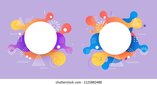 Gradient banners set - fluid color abstract geometric shapes and textures with white round badge for copy space, vector illustration for advertising or business presentation.