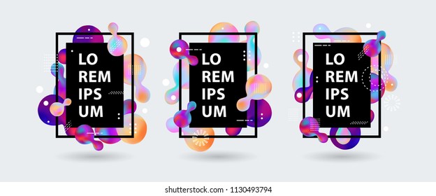 Gradient banners set fluid color abstract geometric shapes and bubbles around black frame for copy space - modern abstract graphic templates with fluid color elements, vector illustration.