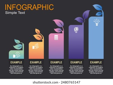 Verlaufsbalkendiagramm Infografische Vektorgrafik mit oberen Balkendiagrammblättern auf einem grau-schwarzen Hintergrund für Bildungspräsentationen, Bildung, Verwaltung, Planung, Entwicklung, Wachstum.