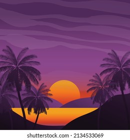 Gradient beach sunset landscape with palm trees vector