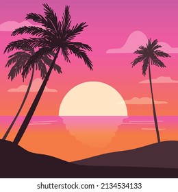 Gradient Beach Sunset Landscape With Palm Tress