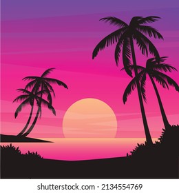 Gradient beach sunset landscape and palm trees background vector