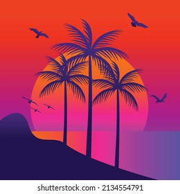 Gradient beach sunset landscape with palm trees background vector