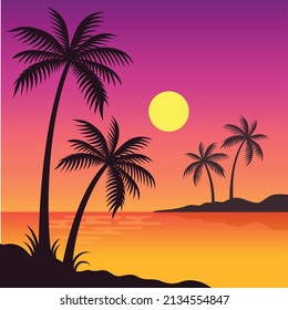 Gradient beach sunset landscape with palm trees background vector