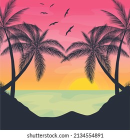 Gradient beach sunset landscape with palm trees background vector