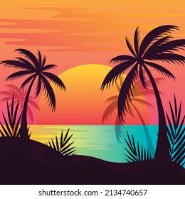 Gradient beach sunset landscape and palm tree background