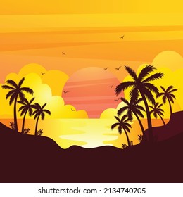 Gradient beach sunset landscape with palm tree background